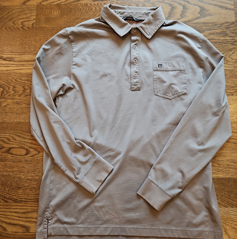 Travis Mathew Mens Long Sleeve Polo Shirt Gray Large Pocket Pima Cotton L